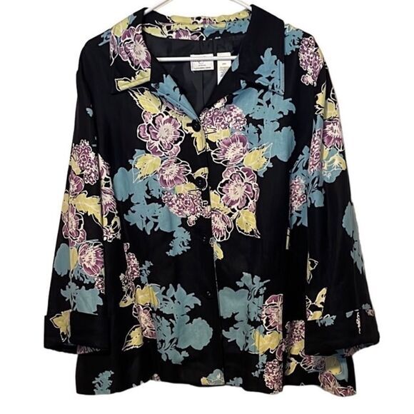 Emma James Woman blouse shacket Size 20W linen blend‎ floral cuffed purple blue - Picture 1 of 7